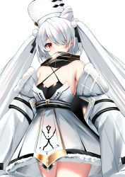 Rule 34 | 1girl, absurdres, azur lane, bare shoulders, belt, breasts, catnnn, commentary request, covering own mouth, cowboy shot, eyelashes, gold trim, hair ornament, hair over one eye, hair ribbon, hat, highres, kiev (azur lane), long hair, long sleeves, looking at viewer, red eyes, ribbon, sideboob, simple background, skirt, sleeves past wrists, thighs, twintails, white background, white hair, wide sleeves
