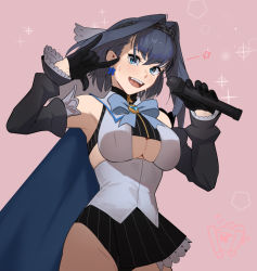 Rule 34 | 1girl, armpits, artist self-insert, black gloves, black shirt, black skirt, blue bow, blue bowtie, blue cape, blue eyes, blue hair, blush, bow, bow earrings, bowtie, breasts, cape, cleavage, commentary, cowboy shot, crop top, detached sleeves, earrings, english commentary, fangs, gloves, groin, hair between eyes, hair intakes, half gloves, head chain, heart-shaped gem, highres, holding, holding microphone, hololive, hololive english, hong doo, jewelry, large breasts, looking at viewer, m/, medium hair, microphone, miniskirt, nervous smile, open mouth, ouro kronii, pink background, shirt, simple background, skirt, smile, solo, sparkle, standing, star (symbol), striped clothes, striped shirt, striped skirt, sweat, sweatdrop, teeth, thighs, underboob, undershirt, upper teeth only, vertical-striped clothes, vertical-striped shirt, vertical-striped skirt, virtual youtuber, white shirt, zipper, zipper pull tab