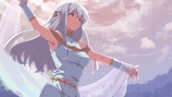 Rule 34 | 1girl, ahonoko, armpits, belt, blue dress, breasts, closed mouth, cloud, cloudy sky, commentary, cowboy shot, day, dress, fire emblem, fire emblem: the blazing blade, from below, from side, grey hair, grey sky, highres, holding sash, jewelry, long hair, medium breasts, neck ring, ninian (fire emblem), nintendo, outdoors, outstretched arms, red eyes, sash, sky, sleeveless, sleeveless dress, smile, solo, standing, straight hair, vambraces, veil, white sash, white veil, yellow belt