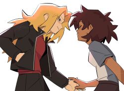 Rule 34 | 2girls, amphibia, anne boonchuy, black jacket, black pants, blonde hair, brown hair, closed eyes, dark skin, from side, hand in pocket, highres, holding hands, jacket, light smile, long hair, looking at another, multiple girls, open clothes, open jacket, pants, parted bangs, red shirt, sasha waybright, shirt, short hair, somederos, t-shirt, teeth, white background