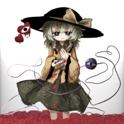 Rule 34 | 1girl, black hat, bow, bright pupils, buttons, closed mouth, diamond button, eyeball, feet out of frame, floral print, flower, frilled shirt collar, frilled skirt, frilled sleeves, frills, green eyes, hat, hat bow, hat ribbon, heart, heart of string, heripantomorrow, komeiji koishi, light green hair, long sleeves, looking at viewer, medium hair, red flower, red rose, ribbon, rose, shirt, simple background, skirt, smile, solo, third eye, touhou, wavy hair, white background, wide sleeves, yellow bow, yellow ribbon, yellow shirt