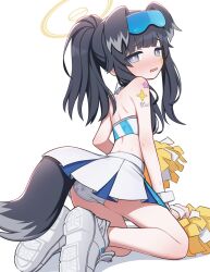 Rule 34 | 1girl, absurdres, animal ears, aruruaaaa, ass, bare arms, bare shoulders, black hair, blue archive, blue eyes, blush, breasts, cheerleader, crop top, dog ears, dog girl, dog tail, eyewear on head, from behind, halo, hibiki (blue archive), hibiki (cheer squad) (blue archive), highres, holding, holding pom poms, kneeling, long hair, looking at viewer, looking back, millennium cheerleader outfit (blue archive), miniskirt, official alternate costume, open mouth, panties, pleated skirt, pom pom (cheerleading), pom poms, ponytail, shirt, shoes, simple background, sitting, skirt, sleeveless, small breasts, sneakers, solo, star sticker, sticker on arm, sweat, swimsuit, tail, underwear, very long hair, wavy mouth, white background, white footwear, white panties, white skirt, yellow halo