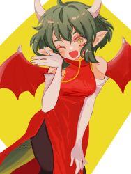 Rule 34 | 1girl, black pants, blush stickers, china dress, chinese clothes, draco centauros, dragon girl, dragon tail, dragon wings, dress, eyelashes, fang, gloves, han (hn-khk), hand on own knee, highres, horns, leaning forward, looking at viewer, madou monogatari, one eye closed, open mouth, pants, puyopuyo, red dress, red wings, short hair, side slit, solo, tail, white gloves, white horns, wings, yellow eyes