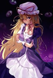 Rule 34 | 1girl, adapted costume, asuzemu, blonde hair, blush, breasts, choker, cleavage, cowboy shot, dress, gloves, gradient background, gradient eyes, grin, hand on own arm, hat, hat ribbon, highres, large breasts, layered dress, light, light particles, long hair, looking at viewer, mob cap, multicolored eyes, one eye closed, puffy short sleeves, puffy sleeves, purple background, purple dress, purple eyes, ribbon, ribbon choker, shiny skin, short sleeves, smile, solo, touhou, very long hair, white dress, white gloves, wind, yakumo yukari