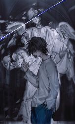 Rule 34 | 1boy, angel statue, black hair, breaking, crumbling, death note, denim, evl 1230, hair over eyes, hand in pocket, highres, korean commentary, l (death note), long sleeves, male focus, pale skin, parted lips, shirt, short hair, snapping fingers, solo, statue, white shirt