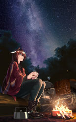 Rule 34 | 1girl, :o, absurdres, aqua eyes, arknights, black footwear, boots, brown hair, campfire, chinese commentary, commentary request, cup, grey pants, hair between eyes, highres, holding, holding cup, kettle, long hair, meteor (arknights), mug, night, night sky, outdoors, pants, parted lips, shijie jianfa, sitting, sky, solo, star (sky), starry sky