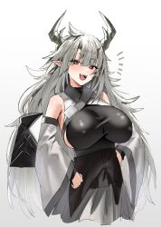 Rule 34 | 1girl, :d, arknights, armpit crease, black shirt, blush, breasts, commentary, covered erect nipples, cowboy shot, cropped legs, detached sleeves, fangs, gradient background, grey background, grey hair, grey skirt, hair between eyes, hands on own hips, highres, horn/wood, horns, large breasts, long hair, looking at viewer, matoimaru (arknights), notice lines, oni, oni horns, open mouth, pointy ears, red eyes, shirt, short eyebrows, sideboob, simple background, skirt, smile, solo, standing, taut clothes, teeth, very long hair, wide sleeves