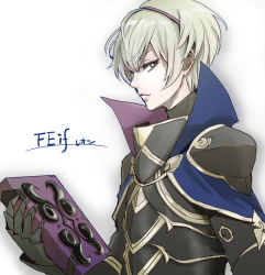 Rule 34 | 1boy, armor, blonde hair, book, cape, copyright name, fire emblem, fire emblem fates, gloves, green eyes, holding, holding book, holding weapon, leo (fire emblem), male focus, momoge huto, nintendo, simple background, solo, weapon, white background