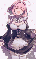 Rule 34 | 1girl, absurdres, ahoge, apron, black bow, black dress, black ribbon, blue hair, bow, breasts, cleavage, closed eyes, cosplay, cowboy shot, detached sleeves, dress, fang, flower, frilled apron, frills, hair flower, hair intakes, hair ornament, hamachamu, highres, huge filesize, idolmaster, idolmaster cinderella girls, juliet sleeves, large breasts, long sleeves, multicolored hair, open mouth, pink hair, puffy sleeves, ram (re:zero), ram (re:zero) (cosplay), re:zero kara hajimeru isekai seikatsu, ribbon, roswaal mansion maid uniform, short hair, simple background, skin fang, smile, solo, standing, thighhighs, two-tone hair, v-shaped eyebrows, waist apron, white apron, white bow, white thighhighs, yumemi riamu