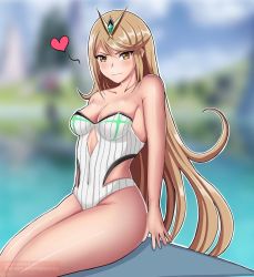 Rule 34 | 1girl, arm up, bare shoulders, blonde hair, blush, breasts, chest jewel, cleavage, closed mouth, collarbone, covered navel, female focus, gem, headpiece, heart, highleg, highleg swimsuit, large breasts, lepypepy, long hair, matching hair/eyes, mythra (radiant beach) (xenoblade), mythra (xenoblade), one-piece swimsuit, patreon username, ribbed swimsuit, shiny skin, sitting, solo, strapless, strapless one-piece swimsuit, striped clothes, striped one-piece swimsuit, swept bangs, swimsuit, thighs, tiara, two-tone swimsuit, vertical-striped clothes, vertical-striped one-piece swimsuit, very long hair, watermark, web address, white one-piece swimsuit, xenoblade chronicles (series), xenoblade chronicles 2, yellow eyes