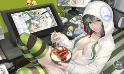 Rule 34 | 1girl, bedroom, beef, breasts, can, character doll, chibi, cleavage, closed mouth, controller, drawing tablet, drink can, food, from side, green eyes, green hair, hair between eyes, highres, holding, holding food, hood, hood up, hoodie, indoors, jikeshi, katsudon (food), keyboard, knees up, leaning back, long hair, looking at viewer, medium breasts, mini person, minigirl, monitor, naked hoodie, no pants, original, power strip, recursion, remote control, rice, robot vacuum, robotic vacuum cleaner, sitting, soda can, solo, striped clothes, striped legwear, striped thighhighs, thighhighs, thighs, tsurime