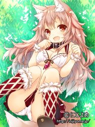 Rule 34 | 1girl, animal ears, bare shoulders, blush, boots, breasts, buckle, cleavage, collar, fang, from above, fur trim, gem, grass, head tilt, knee boots, large breasts, legs up, long hair, looking at viewer, navel, open mouth, original, outdoors, panties, plant, pleated skirt, red footwear, red skirt, red gemstone, saeki touma, skirt, solo, tail, tareme, underwear, valhalla valkyries, white panties, wrist cuffs