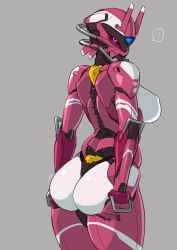 Rule 34 | ..., 1girl, ass, ass grab, bad id, bad pixiv id, bodysuit, breasts, covered erect nipples, grabbing own ass, grey background, gynoid, highres, large breasts, looking at viewer, looking back, mikoyan, original, pink eyes, revision, simple background, solo, spoken ellipsis
