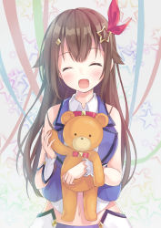 Rule 34 | 1girl, :d, ^ ^, absurdres, ankimo (tokino sora), bare shoulders, blue vest, blush, brown hair, closed eyes, collared shirt, commentary request, facing viewer, hair flaps, hair ornament, highres, holding, holding stuffed toy, hololive, kugatsu tooka, long hair, navel, open mouth, red ribbon, ribbon, shirt, sleeveless, sleeveless shirt, smile, solo, star (symbol), star hair ornament, starry background, stuffed animal, stuffed toy, teddy bear, tokino sora, tokino sora (1st costume), very long hair, vest, virtual youtuber, white shirt, wrist cuffs
