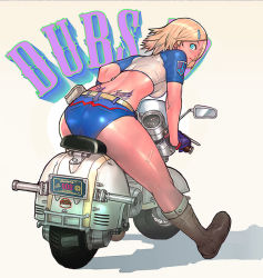 Rule 34 | 1girl, ass, bad id, bad pixiv id, blonde hair, blue eyes, boots, crop top, gloves, kilart, looking back, midriff, motor vehicle, motorcycle, original, scooter, short shorts, shorts, solo, vehicle