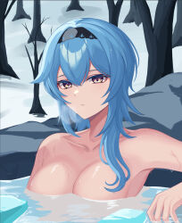 Rule 34 | 1girl, apn (apn94509238), bare tree, black hairband, blue hair, breasts, commentary, eula (genshin impact), genshin impact, hairband, highres, large breasts, long hair, nude, parted lips, partially submerged, rock, snow, solo, tree, upper body, water, yellow eyes