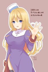 Rule 34 | 1girl, black thighhighs, blonde hair, blush, breasts, brown background, commentary request, cowboy shot, dated, dress, habit, hair between eyes, highres, juliet sleeves, long hair, long sleeves, looking at viewer, medium breasts, open mouth, outline, pillbox hat, priest (ragnarok online), puffy sleeves, purple dress, purple eyes, ragnarok online, signature, simple background, smile, solo, thighhighs, tomo-graphy, translation request, waving, white headwear, white outline