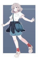 Rule 34 | 1girl, :d, bag, bare arms, bare legs, black jacket, blue background, blue bag, blue eyes, blue shorts, blush, breast pocket, breasts, collarbone, dot nose, earrings, full body, grey hair, grin, hashtag-only commentary, high-waist shorts, highres, idolmaster, idolmaster shiny colors, inset border, jacket, jewelry, knees, looking at viewer, looking down, medium breasts, medium hair, open mouth, outline, outside border, outstretched arms, parted bangs, pocket, red socks, rgst (ramgester), serizawa asahi, shirt, shirt tucked in, short sleeves, shorts, shoulder bag, shoulder strap, sidelocks, simple background, smile, socks, solo, spread fingers, standing, standing on one leg, t-shirt, tareme, teeth, thick eyelashes, three quarter view, tied jacket, two-tone background, white background, white footwear, white outline, white shirt, wide sleeves