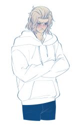 Rule 34 | 1boy, 5altybitter5, blush, closed mouth, contemporary, crossed arms, embarrassed, emet-selch, final fantasy, final fantasy xiv, highres, hood, hood down, hoodie, looking down, male focus, multicolored hair, pants, solo, streaked hair