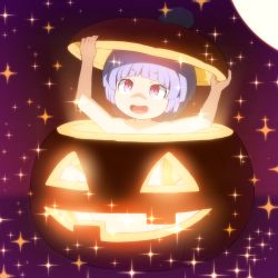 Rule 34 | 1girl, :d, blue hair, commentary request, glowing, halloween, jack-o&#039;-lantern, mini person, minigirl, nude, open mouth, pumpkin, purple background, red eyes, shirosato, short hair, simple background, smile, solo, sparkle, sukuna shinmyoumaru, touhou