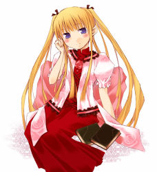 Rule 34 | 00s, 1girl, blonde hair, blush, book, cross-laced clothes, dress, floral print, hand on own cheek, hand on own face, looking at viewer, nu (plastic eraser), puffy short sleeves, puffy sleeves, purple eyes, red dress, rose print, rozen maiden, shinku, short sleeves, sitting, smile, solo, twintails