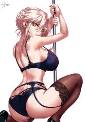 Rule 34 | 1girl, artoria pendragon (fate), artoria pendragon (lancer alter) (fate), ass, back, black footwear, black nails, black thighhighs, blue bra, blue panties, bra, braid, breasts, closed mouth, commentary request, fate/grand order, fate (series), french braid, garter belt, high heels, highres, kneeling, large breasts, lips, lipstick, long hair, looking at viewer, makeup, nail polish, on one knee, pale skin, panties, platinum blonde hair, pole, pole dancing, purple lips, sakiyamama, sidelocks, signature, solo, stripper pole, thighhighs, thighs, underwear, white background, yellow eyes