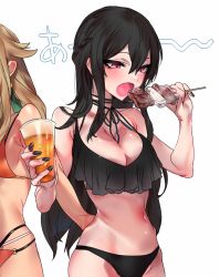 Rule 34 | 1girl, 2girls, alcohol, bare arms, bare shoulders, beer, bikini, bikini top only, black bikini, black hair, black nails, breasts, cowboy shot, cup, drinking glass, food, frilled bikini, frilled bikini top, frills, hair between eyes, holding, holding cup, holding drinking glass, holding food, knbilove, large breasts, light brown hair, long hair, looking down, multiple girls, nail polish, navel, open mouth, orange bikini, red eyes, simple background, solo focus, standing, swimsuit, very long hair, white background