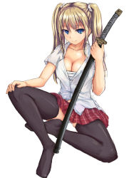 Rule 34 | 1girl, bad id, black thighhighs, blonde hair, blue eyes, breasts, cleavage, hoippu, katana, sarashi, sheath, simple background, sitting, sketch, skirt, smile, solo, sword, thighhighs, twintails, weapon