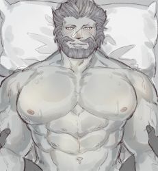 Rule 34 | 2boys, abs, warrior of light (ff14), bara, beard, blush, colored skin, completely nude, facial hair, final fantasy, final fantasy xiv, grey hair, grey skin, highres, implied anal, implied sex, large pectorals, lying, male focus, mature male, multiple boys, muscular, muscular male, mustache, navel, nipples, nude, on back, on bed, pectorals, pillow, pov, pov hands, roegadyn, scar, scar on face, scar on nose, short hair, smile, stomach, uori, yaoi
