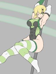 Rule 34 | 1girl, abs, akatsuki kirika, blonde hair, breasts, commentary, english commentary, green eyes, hair ornament, large breasts, looking to the side, muscular, muscular female, one eye closed, pole dancing, senki zesshou symphogear, sheepapp, short hair, simple background, smile, striped clothes, striped thighhighs, thighhighs, x hair ornament