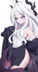 Rule 34 | 1girl, absurdres, ahoge, aoi ryo, black gloves, black horns, black skirt, black wings, blue archive, blush, breasts, collared shirt, demon horns, demon wings, gloves, grey hair, highres, hina (blue archive), horns, long hair, multiple horns, pencil skirt, purple eyes, shirt, skirt, sleeveless, sleeveless shirt, small breasts, solo, white shirt, wings