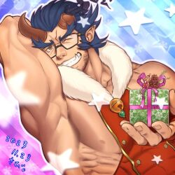 Rule 34 | 1boy, armpits, bara, bare shoulders, beard stubble, bell, blue hair, broken horn, dark blue hair, facial hair, fang, fur collar, gift, glasses, grin, holding, holding gift, horns, jingle bell, male focus, muscular, muscular male, official alternate costume, one eye closed, oni, oni horns, pinecone, pointy ears, presenting armpit, sabita kan, santa costume, shirt, sideburns, smile, star (symbol), stubble, takemaru (housamo), tight clothes, tight shirt, tokyo houkago summoners, upper body