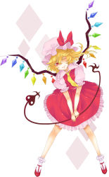 Rule 34 | 1girl, absurdres, ascot, bad id, bad pixiv id, bow, dress, female focus, flandre scarlet, full body, hat, hat bow, highres, laevatein, red eyes, short sleeves, side ponytail, slit pupils, solo, embodiment of scarlet devil, touhou, white background, wings, wink, yutsumoe
