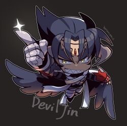 Rule 34 | 1boy, armored gloves, bandages, black hair, black wings, brown background, character name, chibi, devil jin, floating, forehead jewel, gloves, kazama jin, kotorai, male focus, no nose, outline, pointing, pointing up, red gloves, sharp teeth, solo, teeth, tekken, white outline, wings, yellow eyes