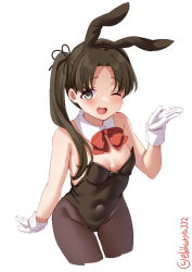 Rule 34 | 1girl, alternate costume, animal ears, ayanami (kancolle), black leotard, black pantyhose, black ribbon, blush, bow, bowtie, breasts, brown hair, collarbone, covered navel, cowboy shot, detached collar, ebifurya, eyebrows, fake animal ears, forehead, gloves, groin, hair between eyes, hair ribbon, highres, kantai collection, leotard, long hair, looking at viewer, one eye closed, pantyhose, playboy bunny, rabbit ears, rabbit tail, ribbon, side ponytail, simple background, small breasts, solo, strapless, tail, twitter username, white background, white gloves, wrist cuffs