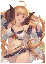 Rule 34 | 1girl, :d, ahoge, anila (granblue fantasy), anila (summer) (granblue fantasy), bad id, bad pixiv id, bikini, blonde hair, blunt bangs, breasts, draph, granblue fantasy, horns, large breasts, long hair, looking at viewer, open mouth, sheep horns, short eyebrows, simple background, smile, solo, swimsuit, taroji, white background, white bikini, yellow eyes