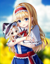 Rule 34 | 2girls, 7saki, alice margatroid, alternate hair length, alternate hairstyle, bad id, bad pixiv id, black headwear, black shirt, blonde hair, blue dress, blue eyes, blurry, blurry background, blush, bow, braid, buttons, capelet, chibi, closed mouth, cloud, commentary request, day, dress, finger to mouth, hair bow, hat, hat bow, highres, holding person, jewelry, kirisame marisa, long hair, looking at viewer, mini person, minigirl, multiple girls, open mouth, puffy short sleeves, puffy sleeves, red bow, red neckwear, red ribbon, ribbon, ring, shirt, short sleeves, single braid, sky, smile, touhou, turtleneck, upper body, white bow, white shirt, witch hat, yellow eyes