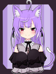 Rule 34 | 1girl, ahoge, animal ear fluff, animal ears, black bow, black bowtie, black dress, black ribbon, blunt bangs, blush, bow, bowtie, cat ears, cat girl, cat tail, closed mouth, collar, commentary request, cowlick, dress, flat chest, frilled dress, frills, grey collar, hair ribbon, kemonomimi mode, long hair, looking at viewer, medium bangs, multicolored hair, nanashi inc., off-shoulder dress, off shoulder, outline, purple hair, red eyes, ribbon, shisui kiki, shisui kiki (2nd costume), sleeve bow, sleeves past fingers, sleeves past wrists, smile, solo, split mouth, streaked hair, tail, upper body, very long hair, virtual youtuber, white outline, yamapiyo