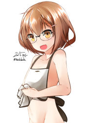 Rule 34 | 10s, 1girl, apron, bad id, bad pixiv id, brown eyes, brown hair, fang, glasses, ikazuchi (kancolle), kantai collection, naked apron, nekobaka, open mouth, short hair, solo