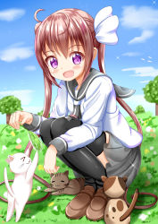 Rule 34 | &gt; &lt;, 10s, 1girl, :3, :d, = =, animal, black thighhighs, blue sky, blush, bow, brown footwear, brown hair, cat, cat teaser, cattail, closed eyes, closed mouth, cloud, commentary request, day, fang, grey sailor collar, grey skirt, hair bow, highres, loafers, long hair, looking at viewer, momochi tamate, open mouth, outdoors, plant, pleated skirt, purple eyes, sailor collar, school uniform, serafuku, shirt, shoes, sidelocks, skirt, sky, slow start, smile, solo, sparkle, squatting, thighhighs, tree, twintails, very long hair, white bow, white shirt, xenon (for achieve)