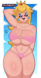 Rule 34 | 1girl, :d, arm behind back, arm behind head, artist name, bare arms, bare shoulders, bikini, black outline, blonde hair, blue background, blue eyes, border, breasts, bursting breasts, cameltoe, cleavage, crown, curvy, earrings, eyelashes, heart bikini, highleg, highleg bikini, highres, hip bones, huge breasts, jewelry, lips, long hair, looking at viewer, mario (series), multi-strapped bikini, navel, nintendo, o-ring, o-ring top, open mouth, outline, pink-framed eyewear, pink bikini, pink lips, princess peach, shiny skin, signature, skindentation, sky, smile, solo, standing, strapless, strapless bikini, sunglasses, super mario bros. 1, sweat, swimsuit, teeth, thick lips, thick thighs, thighs, tongue, truewaifu, upper teeth only, white border