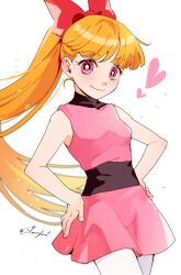 Rule 34 | 1girl, aitommylove, akazutsumi momoko, blossom (ppg), bow, breasts, closed mouth, commentary, dress, english commentary, hair bow, heart, highres, hyper blossom, orange hair, pink dress, pink eyes, ponytail, powerpuff girls, powerpuff girls z, red bow, small breasts, solo