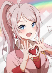 Rule 34 | 1girl, absurdres, ahoge, blue eyes, blush, collared shirt, commentary, commentary request, earrings, formal, heart, heart hands, highres, jacket, jewelry, long hair, long sleeves, looking at viewer, love live!, love live! nijigasaki high school idol club, necktie, ninben (ninben 2892), open mouth, pink hair, pink jacket, ponytail, rainbow, red necktie, shirt, sidelocks, solo, suit, swept bangs, teeth, upper body, upper teeth only, vroom vroom (love live!), white shirt, zhong lanzhu