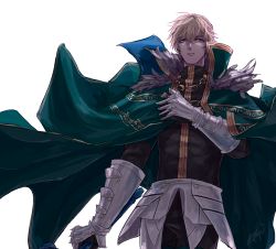 Rule 34 | 1boy, armor, black gloves, blonde hair, blue eyes, cape, collared cape, excalibur galatine (fate), fate/extra, fate/grand order, fate (series), fur collar, gauntlets, gawain (fate), gloves, green cape, holding, holding sword, holding weapon, knight, knights of the round table (fate), linnne, long sleeves, looking at viewer, male focus, short hair, signature, simple background, solo, sword, weapon, white background