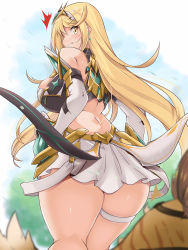 Rule 34 | 1girl, bare legs, bare shoulders, blonde hair, breasts, cleavage, cleavage cutout, clothing cutout, dress, earrings, elbow gloves, gloves, highres, jewelry, kurokaze no sora, large breasts, long hair, mythra (xenoblade), short dress, swept bangs, thigh strap, tiara, tora (xenoblade 2), very long hair, white dress, white gloves, xenoblade chronicles (series), xenoblade chronicles 2, yellow eyes