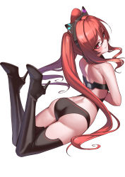 Rule 34 | 1girl, absurdres, animal ear headphones, animal ears, ass, bare shoulders, bikini, black bikini, black footwear, blush, boots, cat ear headphones, closed mouth, fake animal ears, feet up, from behind, full body, grace (sound voltex), headphones, high heel boots, high heels, highres, iznal, long hair, looking at viewer, looking back, lying, on stomach, red eyes, red hair, sidelocks, smile, solo, sound voltex, sound voltex iii gravity wars, swimsuit, thigh boots, thighhighs, twintails, very long hair