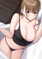 Rule 34 | 1girl, bare shoulders, bed sheet, black panties, blanket, blush, breasts, brown hair, camisole, cleavage, closed mouth, collarbone, dutch angle, fang, highres, knatb, large breasts, long hair, looking at viewer, lying, mole, mole on shoulder, mole under eye, navel, on bed, on side, original, panties, pillow, purple eyes, skin fang, smile, solo, strap slip, underwear, underwear only, wavy mouth