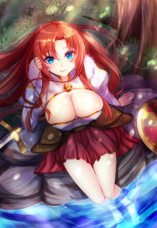 Rule 34 | 1girl, barefoot, blue eyes, boudica (fate), boudica (third ascension) (fate), breasts, cleavage, covered erect nipples, fate/grand order, fate (series), from above, highres, large breasts, long hair, looking at viewer, looking up, red hair, ryuuzouji usagi, shield, sitting, skindentation, skirt, smile, soaking feet, solo, sword, thighs, water, weapon
