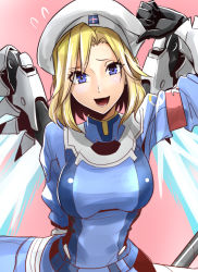 Rule 34 | 1girl, :d, alternate hairstyle, arm behind back, armband, beret, black gloves, blonde hair, blue bodysuit, blue dress, blue eyes, blue wings, blush, bodysuit, breasts, clash kuro neko, combat medic ziegler, dress, emblem, eyelashes, eyes visible through hair, flying sweatdrops, gloves, hand on headwear, hand up, hat, highres, holding, holding staff, large breasts, logo, long sleeves, looking at viewer, mechanical wings, medium breasts, mercy (overwatch), official alternate costume, open mouth, overwatch, overwatch 1, parted bangs, pink background, ribbed bodysuit, ribbed dress, short hair, smile, solo, staff, teeth, turtleneck, upper body, vambraces, weapon, weapon on back, white hat, white wings, wings