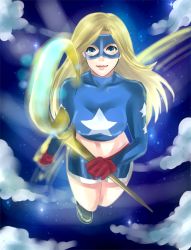 Rule 34 | 1girl, blonde hair, blue eyes, courtney whitmore, dc comics, flying, gloves, grin, justice society of america, mask, shorts, smile, solo, staff, stargirl